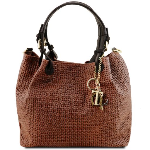 TL KeyLuck Borsa Shopping in Pelle Stampa Intrecciata Cannella TL141573