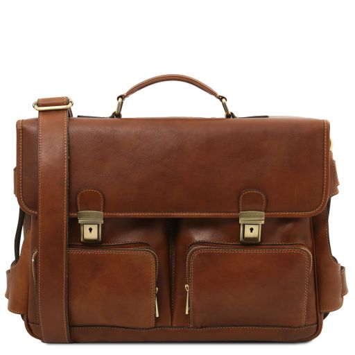 Ventimiglia Leather Multi Compartment TL SMART Briefcase With Front Pockets Brown TL142069