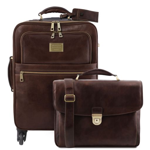 Business 4 Wheels Leather Trolley and Leather TL SMART Laptop Briefcase Dark Brown TL142442