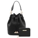 Panarea Borsa Secchiello in Pelle ed Esclusivo Portafogli in Pelle zip Around Nero TL142443