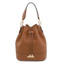 Maddalena Bolso Cubo Secchiello en Piel y Elegante Cartera en Piel con Cremallera en el Contorno Cognac TL142444