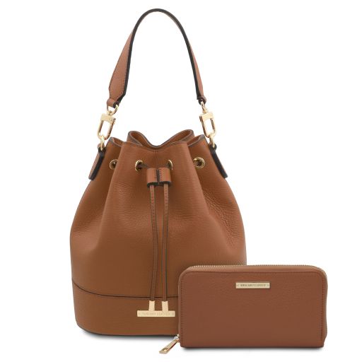 Maddalena Borsa Secchiello in Pelle ed Esclusivo Portafogli in Pelle zip Around Cognac TL142444