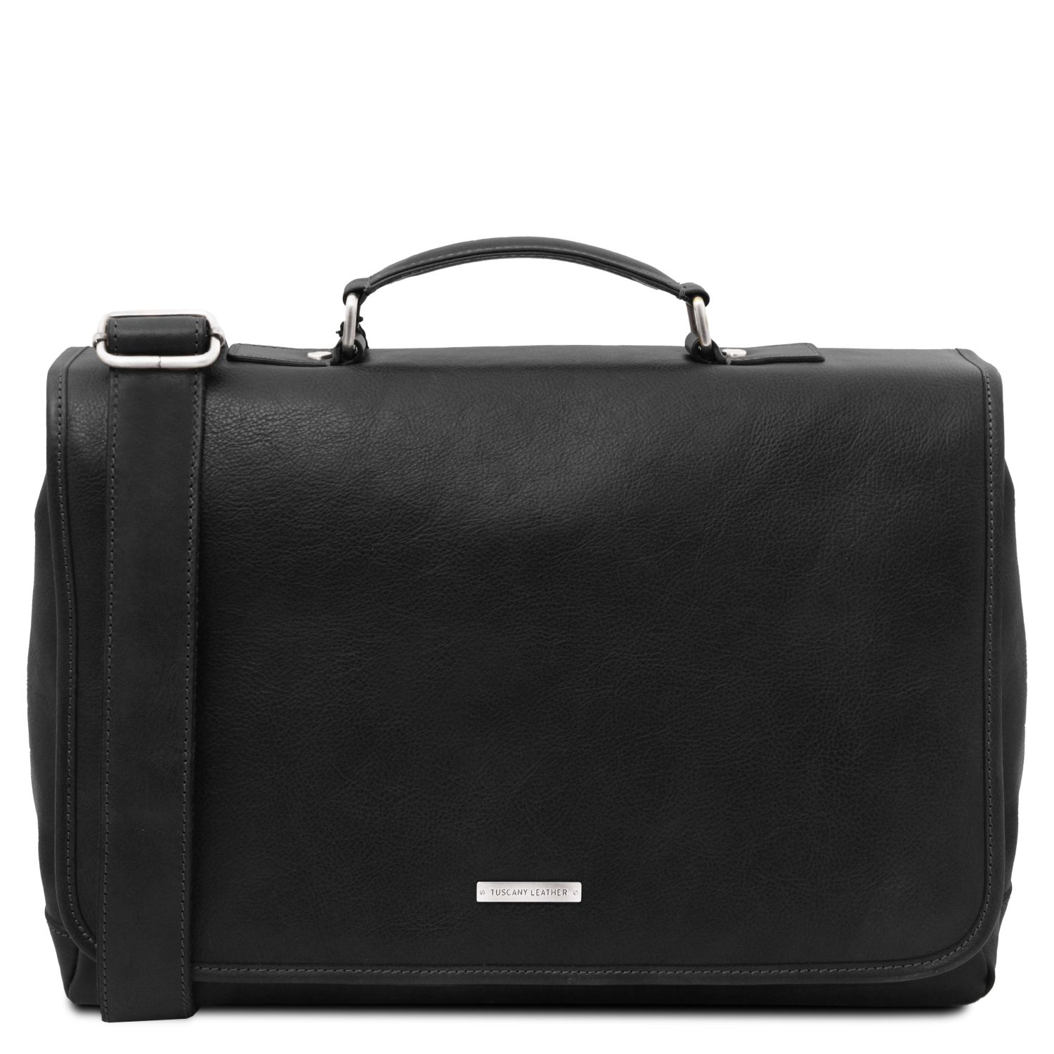 Leather multi compartment briefcase with flap Black