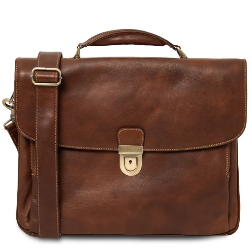 Alessandria Leather Multi Compartment TL SMART Laptop Briefcase Brown TL142067