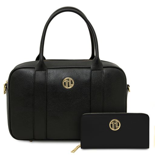 Maiorca Sac Cabas en Cuir et Portefeuille en Cuir Entièrement Zippée Noir TL142486