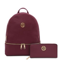 Djerba Rucksack Tropfendesign aus Weichem Leder und Damenbrieftasche aus Leder mit Rundum-Reißverschluss Bordeaux TL142488