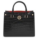 Croque Croc Print Leather Handbag Black TL142504