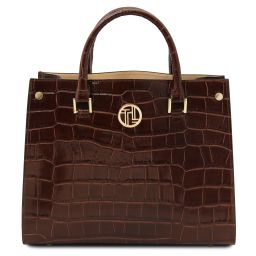 Croque Sac Cabas en Cuir Effet Croco Café TL142504