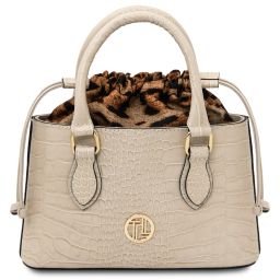 Croque Croc Print Leather Handbag Beige TL142510