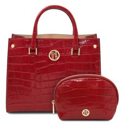Linosa Croc Print Leather Handbag and Croc Print Leather Toiletry Case Red TL142522