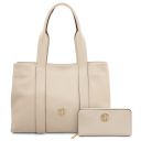 Skye Borsa al Hombro en Piel Suave y Cartera en Piel con Cremallera en el Contorno Beige TL142606