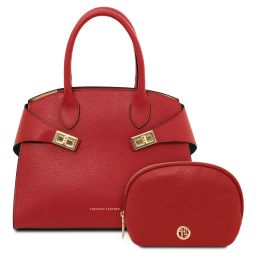 Formentera Borsa a Mano in Pelle e Trousse in Pelle Morbida Rosso Lipstick TL142524