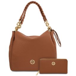 Ibiza Bolso Shopping en Piel Suave y Cartera en Piel con Cremallera en el Contorno Cognac TL142609