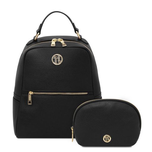 Mauritius Sac à dos en Cuir Souple et Trousse de Toilette en Cuir Souple Noir TL142611