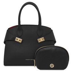 Formentera Borsa a Mano in Pelle e Trousse in Pelle Morbida Nero TL142524
