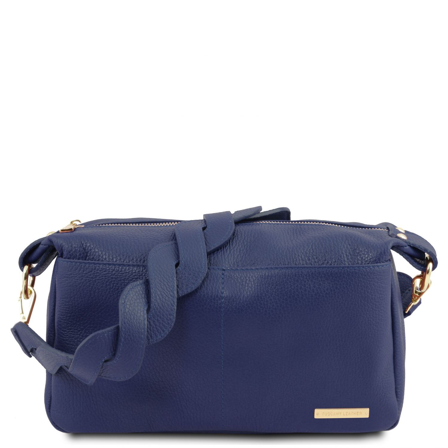 blue leather duffle bag