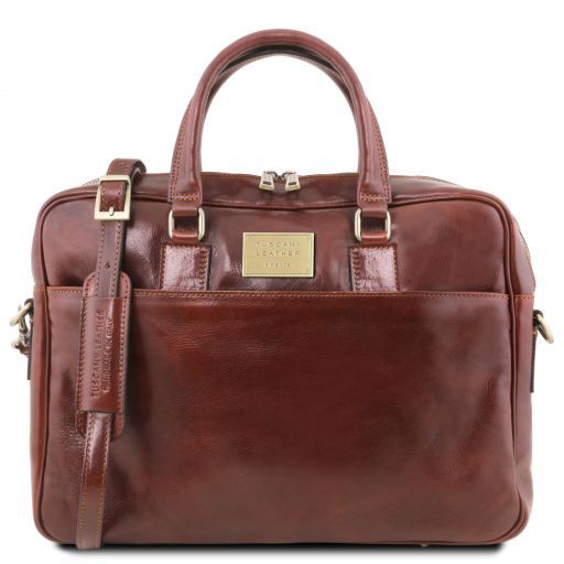 Urbino Leather Laptop Briefcase 2 Compartments With Front Pocket Brown TL141894