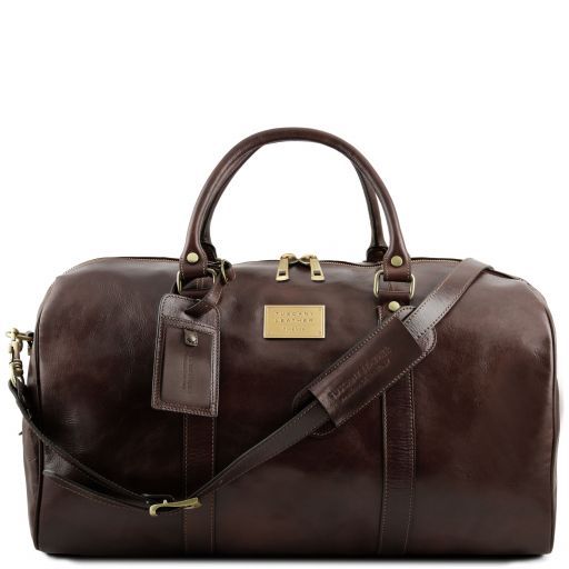 TL Voyager Travel Leather Duffle bag With Pocket on the Backside - Large Size Dark Brown TL141247