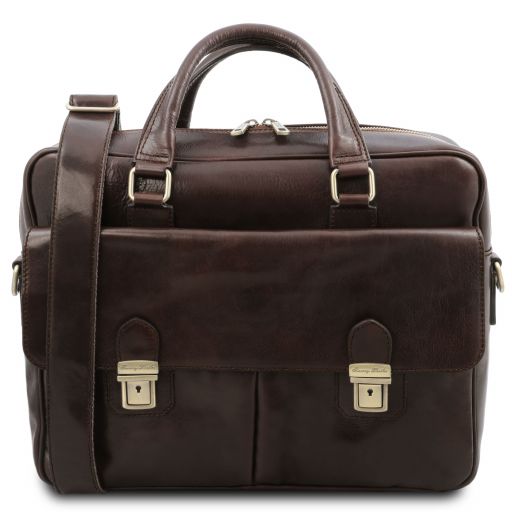 San Miniato Leather Multi Compartment Laptop Briefcase With two Front Pockets Темно-коричневый TL142026