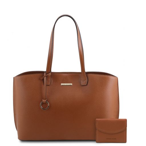 Pantelleria Leather Shopping bag and 3 Fold Leather Wallet With Coin Pocket Cognac TL142157