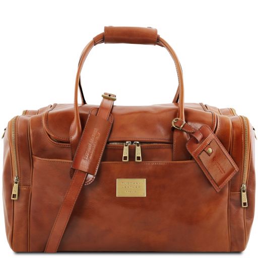 TL Voyager Reisetasche aus Leder mit 2 Reissverschluss - Seitentaschen Honig TL142141