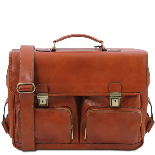 Ventimiglia Leather Multi Compartment TL SMART Briefcase With Front Pockets Honey TL142069