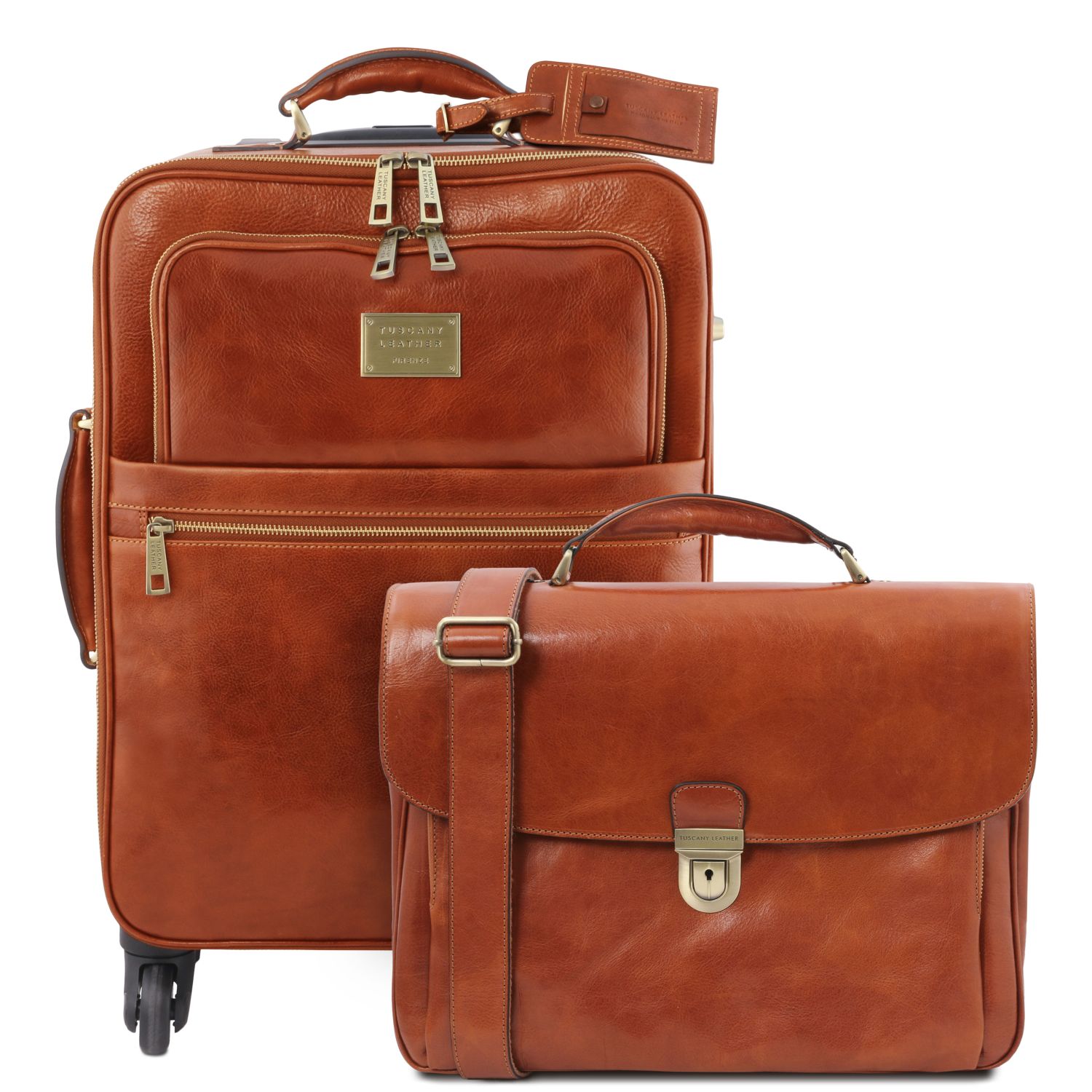 Business 4 Wheels Leather Trolley and Leather TL SMART Laptop Briefcase Honey