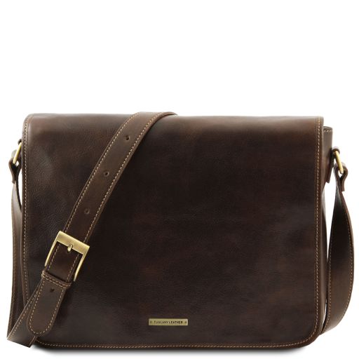 Messenger double Crossbody Leather bag Dark Brown TL90475