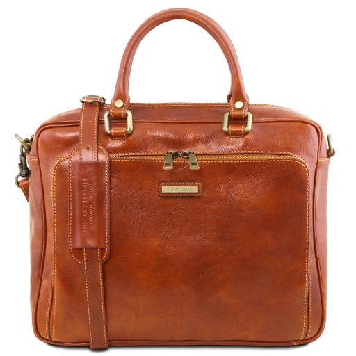 Pisa Leather Laptop Briefcase With Front Pocket Honey TL141660